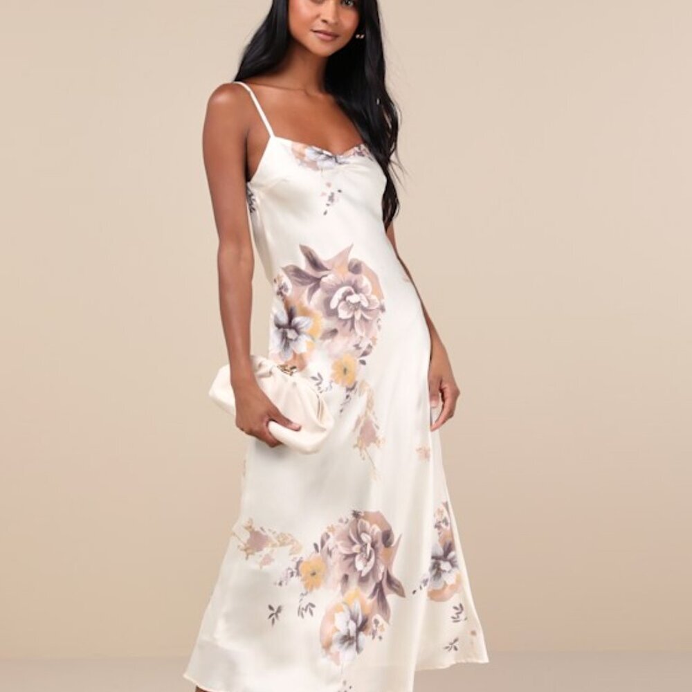 Lulus Certified Stunning Beige Satin Floral Lace-up Midi Dress - Size L - Picture 1 of 8